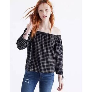 Madewell Black Plaid Off the Shoulder 3/4 Long Sleeve Top Shirt Women’s Medium
